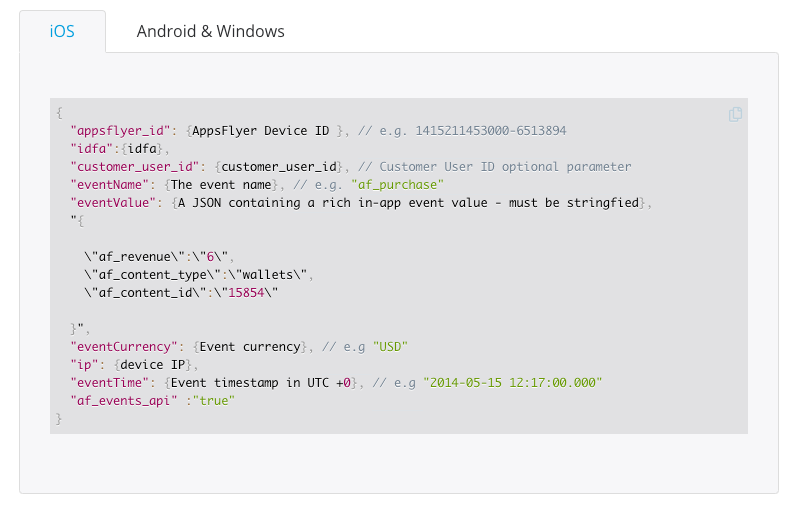AppsFlyer API code example showing af_events_api as a string