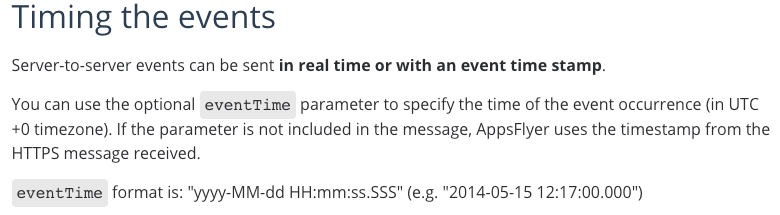 AppsFlyer API eventTime parameter appearing late in the documentation