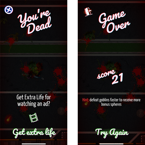 Extra life and Game Over screens